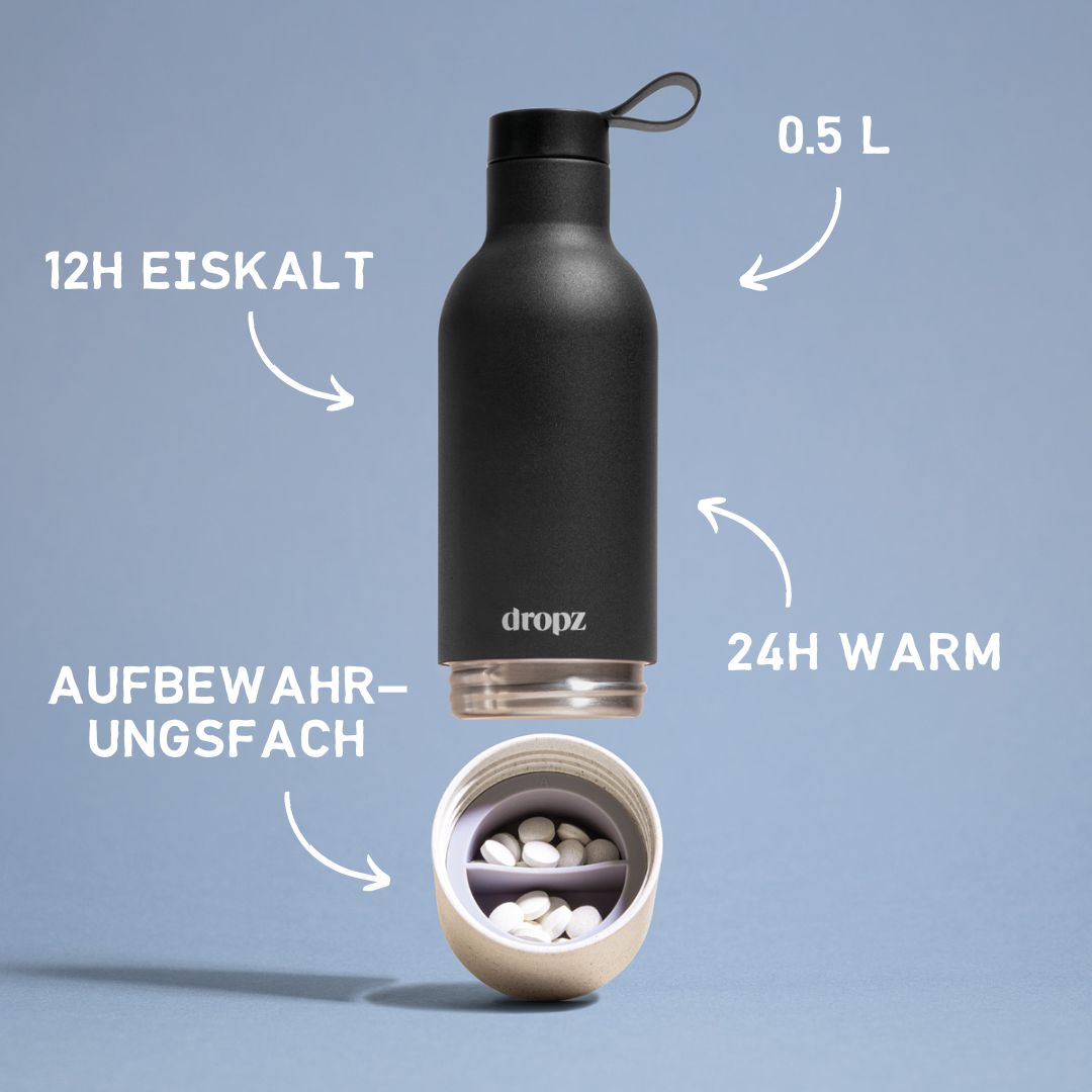 dropz Flasche schwarz - 0.5 L mit Aufbewahrungsfach